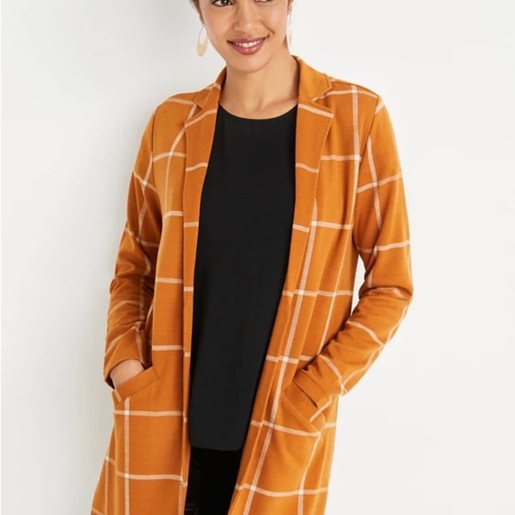 NWT Maurices Sz S Plaid Gold Duster Cardigan Collared Sweater— Long, Relaxed Fit - Picture 1 of 10